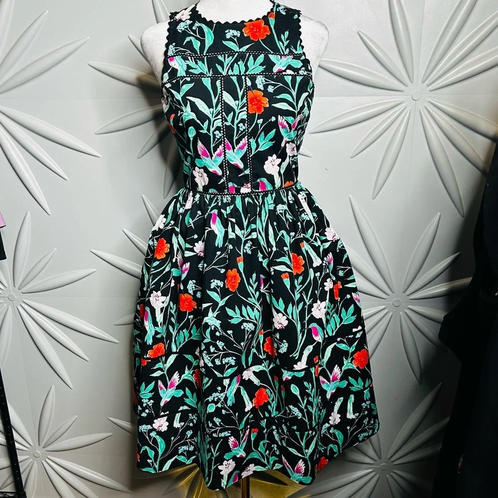EUC Kate Spade SZ 00 Red/black/green halter midi dress/bust 32” flat/waist 25”